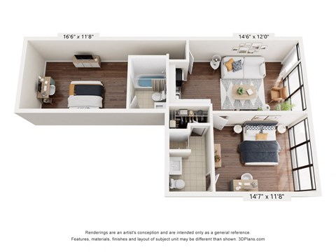a stylized floor plan with a bedroom and a living room
